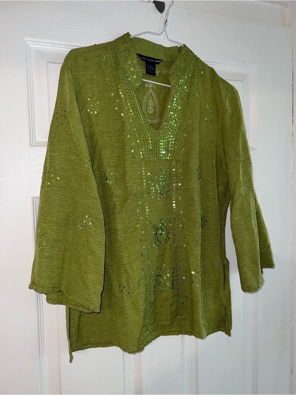 100% silk Saint Tropez West Olive Green Sequin Embellished Tunic Top